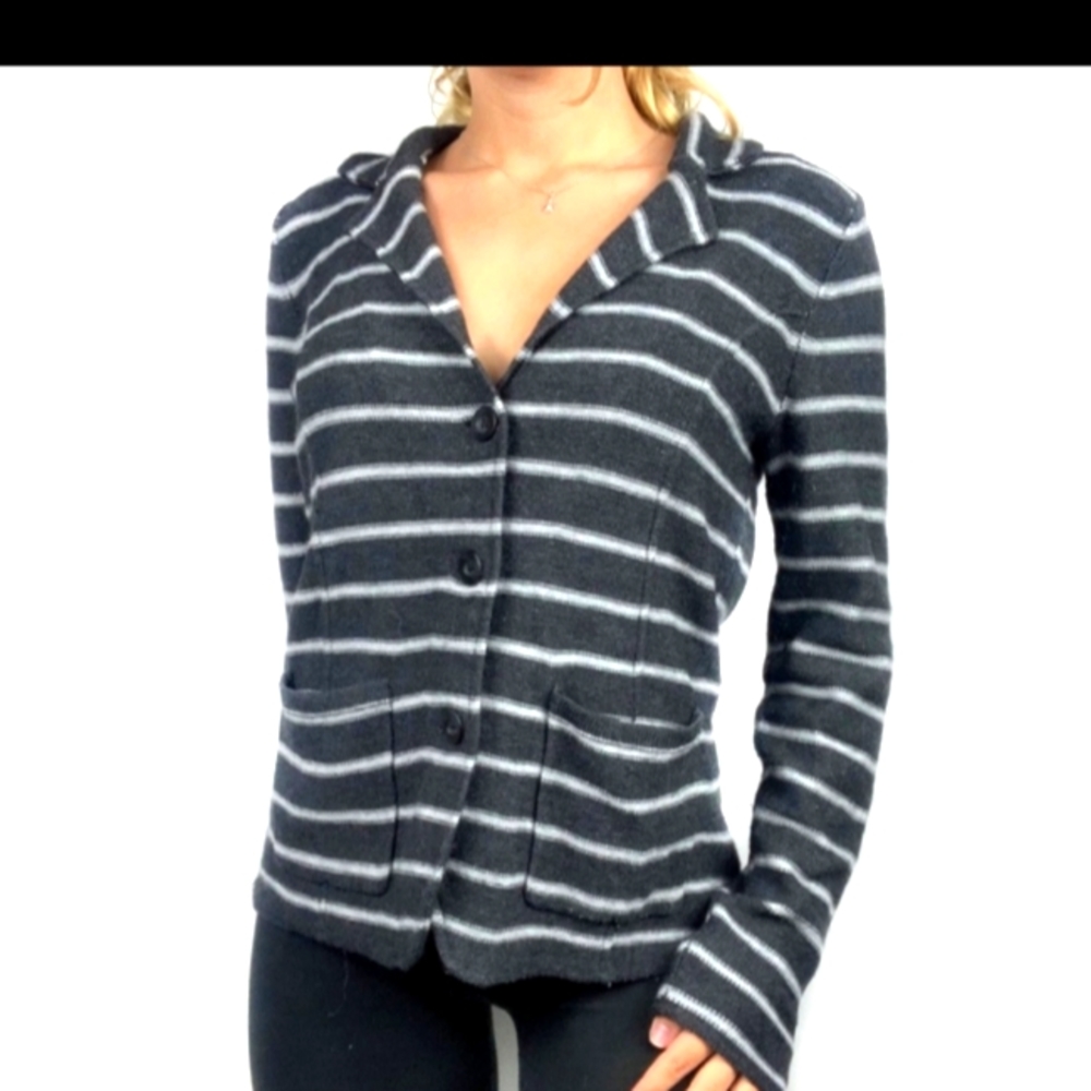 Tahari Merino Wool Blend M Button Striped Blazer-Cardigan Notched Collar Pockets